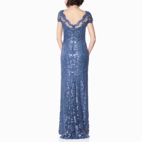 Tadashi Shoji Blue Embroidered Lace Cap Sleeve Gown - Picture 7 of 7